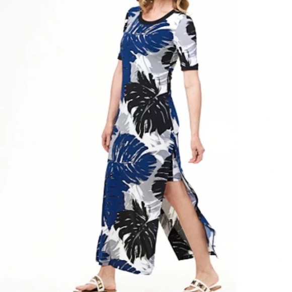 G.I.L.I. Palm Leaf Pattern Side Slit Short Sleeve Maxi Dress Size Small Casual - Picture 2 of 15